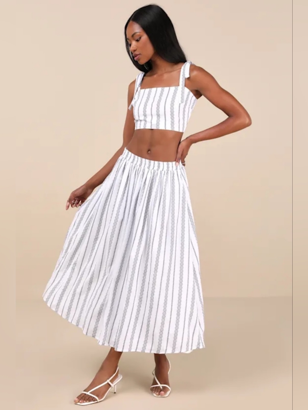 Lulus Cheerful Season Two-Piece Dress With Pockets in Ivory Stripe